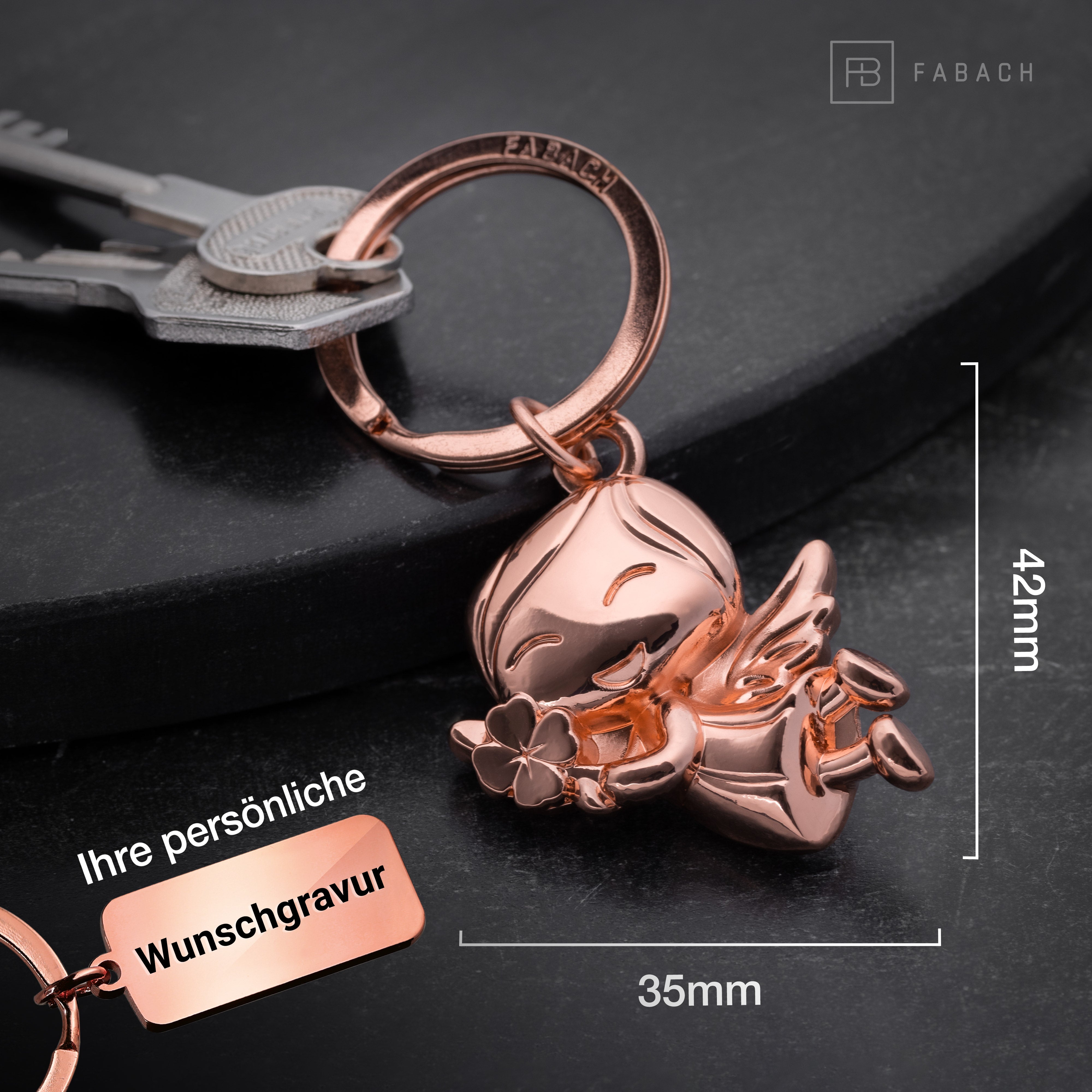 "Lucky" Schutzengel Schlüsselanhänger - Engel Glücksbringer - Viel Glück Glücksengel mit Kleeblatt - FABACH#farbe_roségold#personalisierung_mit gravur (+5.00€)