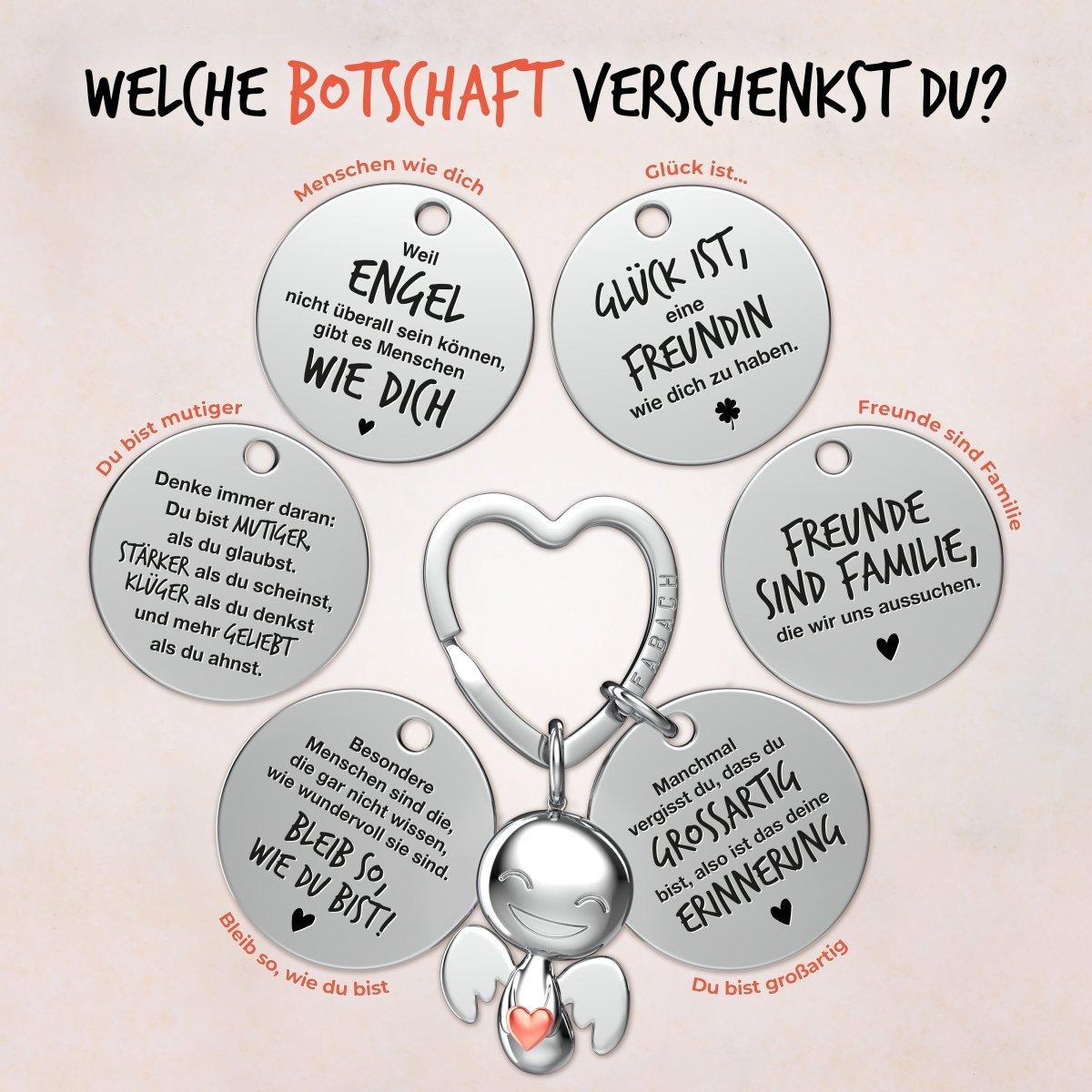 "Beste Freundin" Schutzengel Schlüsselanhänger - Schutzengel Happy mit Herz und Gravur Plättchen mit liebevoller Botschaft - FABACH – Die Schlüsselanhänger - Schmiede