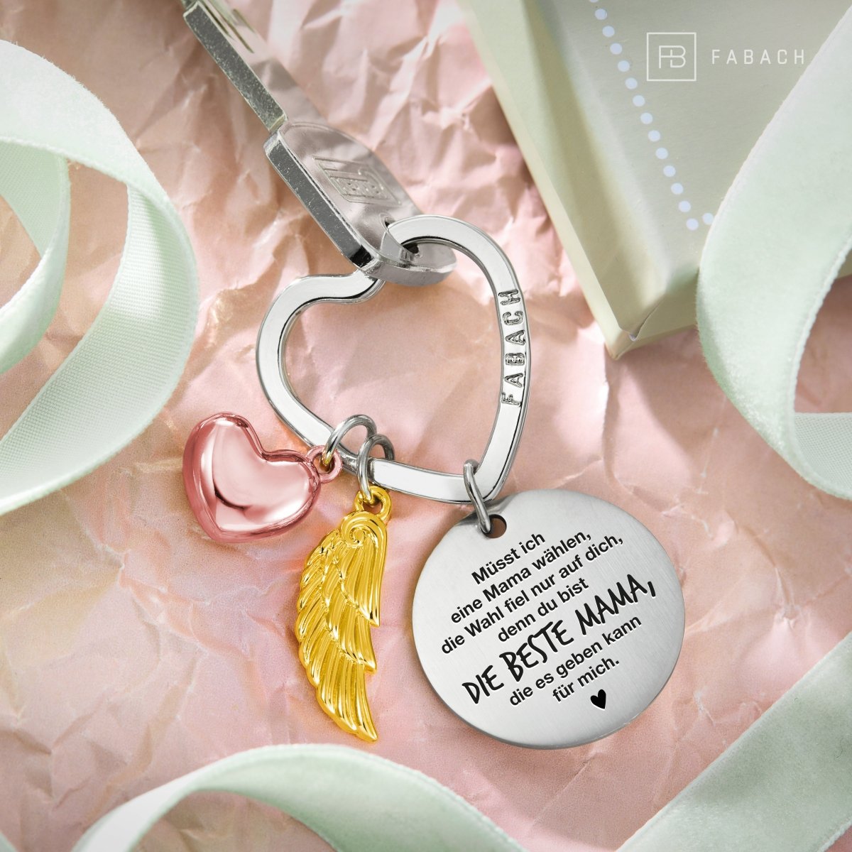"Beste Mama" Schutzengel Schlüsselanhänger - Engelsflügel Herz Glücksbringer und Gravur Plättchen mit liebevoller Botschaft - FABACH#botschaft_Die Wahl Fiel Nur Auf Dich