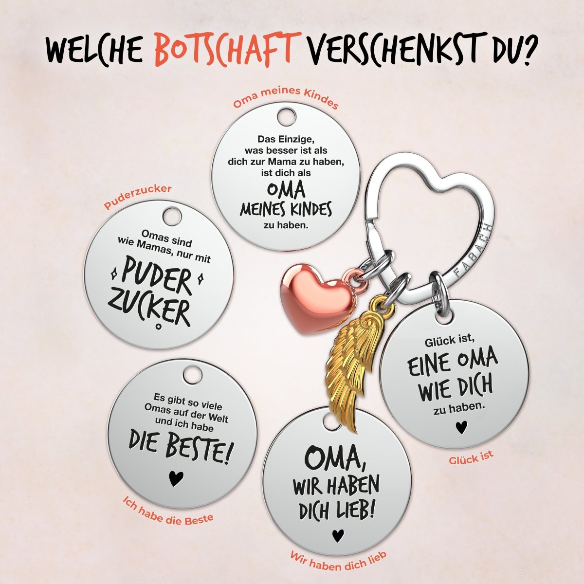 "Beste Oma" Schutzengel Schlüsselanhänger - Engelsflügel Herz Glücksbringer und Gravur Plättchen mit liebevoller Botschaft - FABACH – Die Schlüsselanhänger - Schmiede