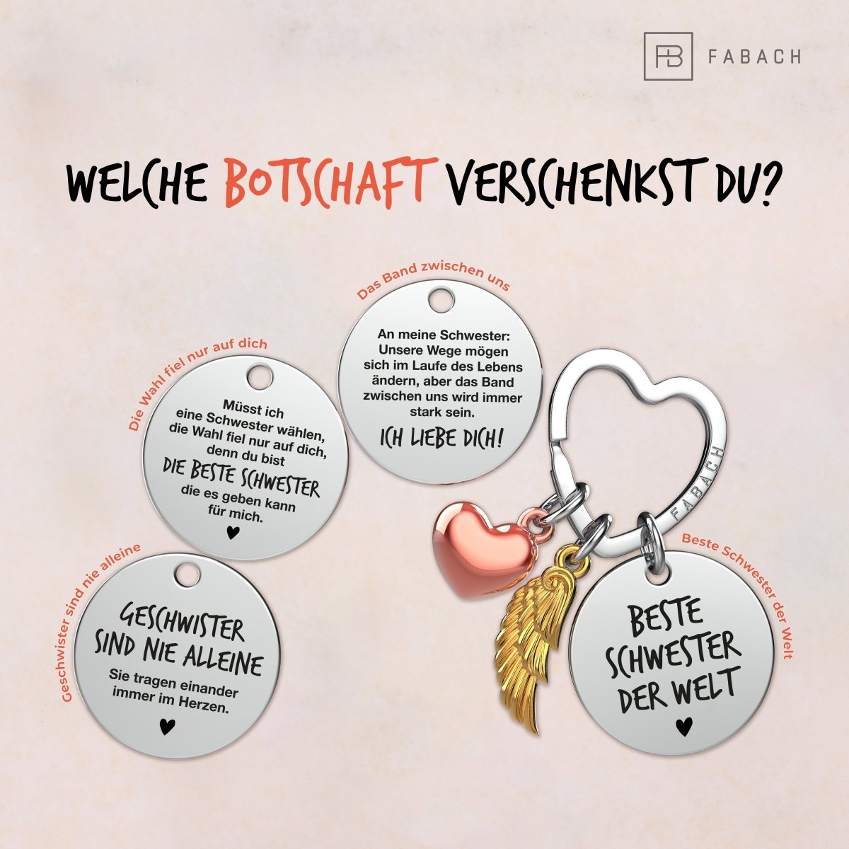 "Beste Schwester" Schutzengel Schlüsselanhänger - Engelsflügel Herz Glücksbringer und Gravur Plättchen mit liebevoller Botschaft - FABACH – Die Schlüsselanhänger - Schmiede