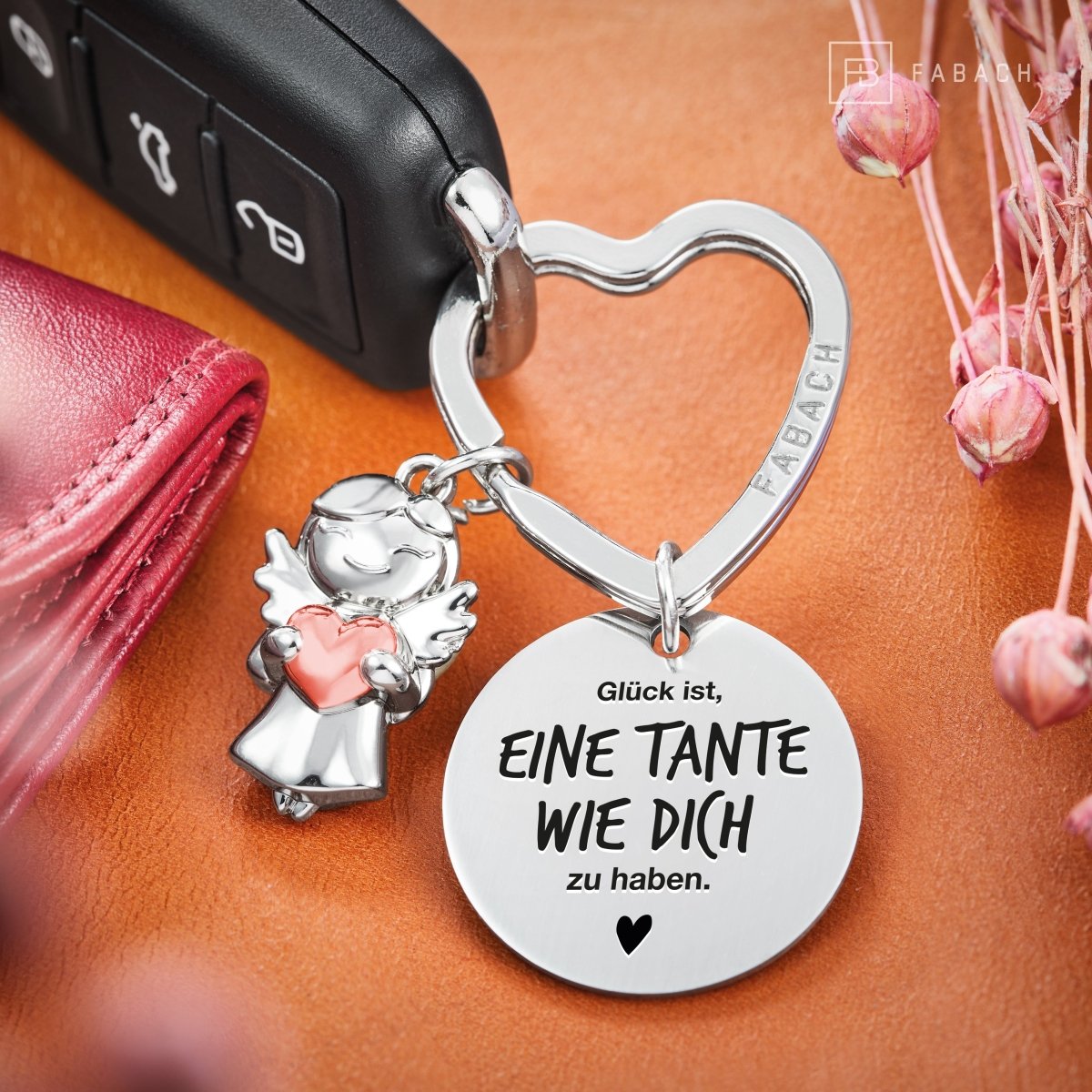"Beste Tante" Schutzengel Schlüsselanhänger - Schutzengel Star mit Herz und Gravur Plättchen mit liebevoller Botschaft - FABACH#botschaft_Glück Ist (Tante)
