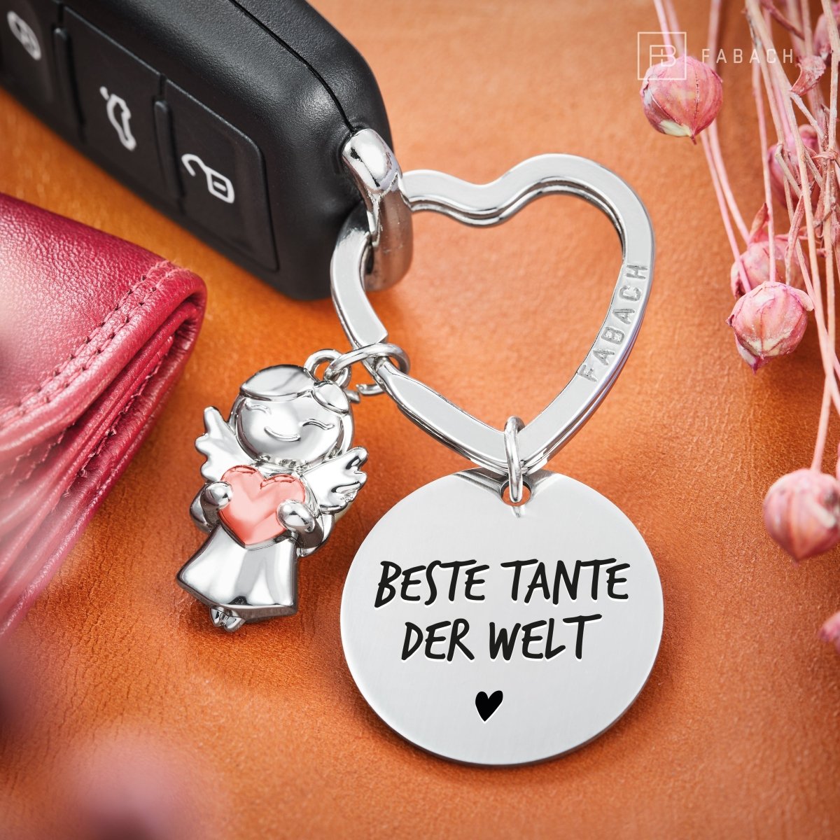 "Beste Tante" Schutzengel Schlüsselanhänger - Schutzengel Star mit Herz und Gravur Plättchen mit liebevoller Botschaft