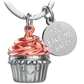 Cupcake Schlüsselanhänger "Sweety" - Glücksbringer Geschenk Partnerin Beste Freundin - Muffin Törtchen Glücksbringer mit Gravur "You bake me happy" - FABACH – Die Schlüsselanhänger - Schmiede