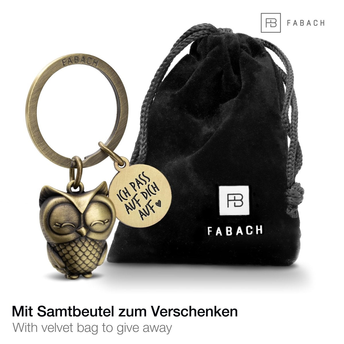 Eule Schlüsselanhänger mit Gravur "Ich pass auf dich auf" - Süßer Eule Glücksbringer - FABACH – Die Schlüsselanhänger-Schmiede