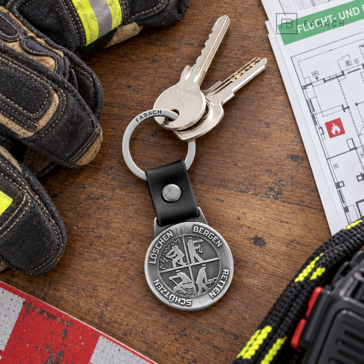 "Feuerwehr" Schlüsselanhänger - Plakette am Lederband mit "Retten Löschen Bergen Schützen" - Schlüsselanhänger für Feuerwehrleute - FABACH – Die Schlüsselanhänger-Schmiede