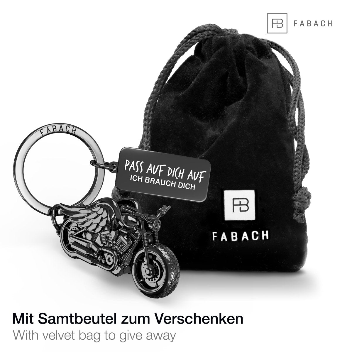 Motorrad Schlüsselanhänger - Chopper mit Engelsflügeln - Glücksbringer für Motorradfahrer mit Gravur "Pass auf dich auf" - FABACH – Die Schlüsselanhänger-Schmiede