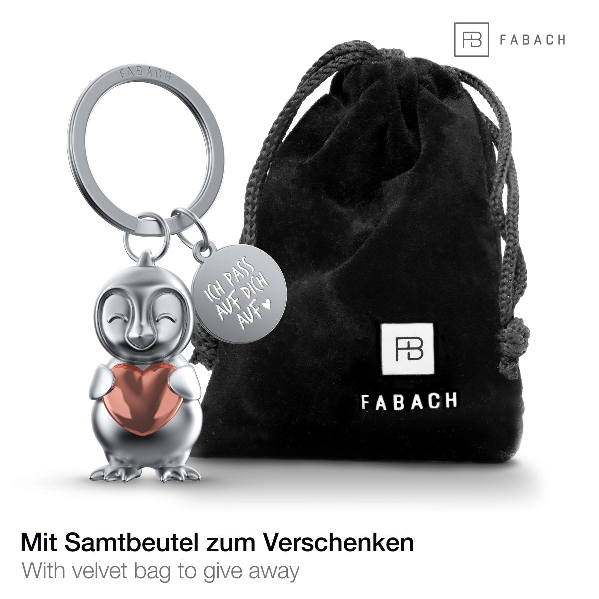 Pinguin Schlüsselanhänger mit Gravur "Ich pass auf dich auf" - Süßer Pinguin Glücksbringer mit Herz - FABACH – Die Schlüsselanhänger-Schmiede