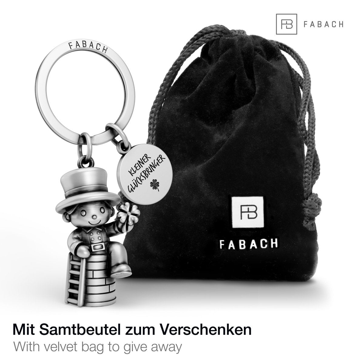 Schornsteinfeger-Schlüsselanhänger mit Kleeblatt und Gravur - Glücksbringer Geschenk - Viel Erfolg Viel Glück - FABACH – Die Schlüsselanhänger-Schmiede
