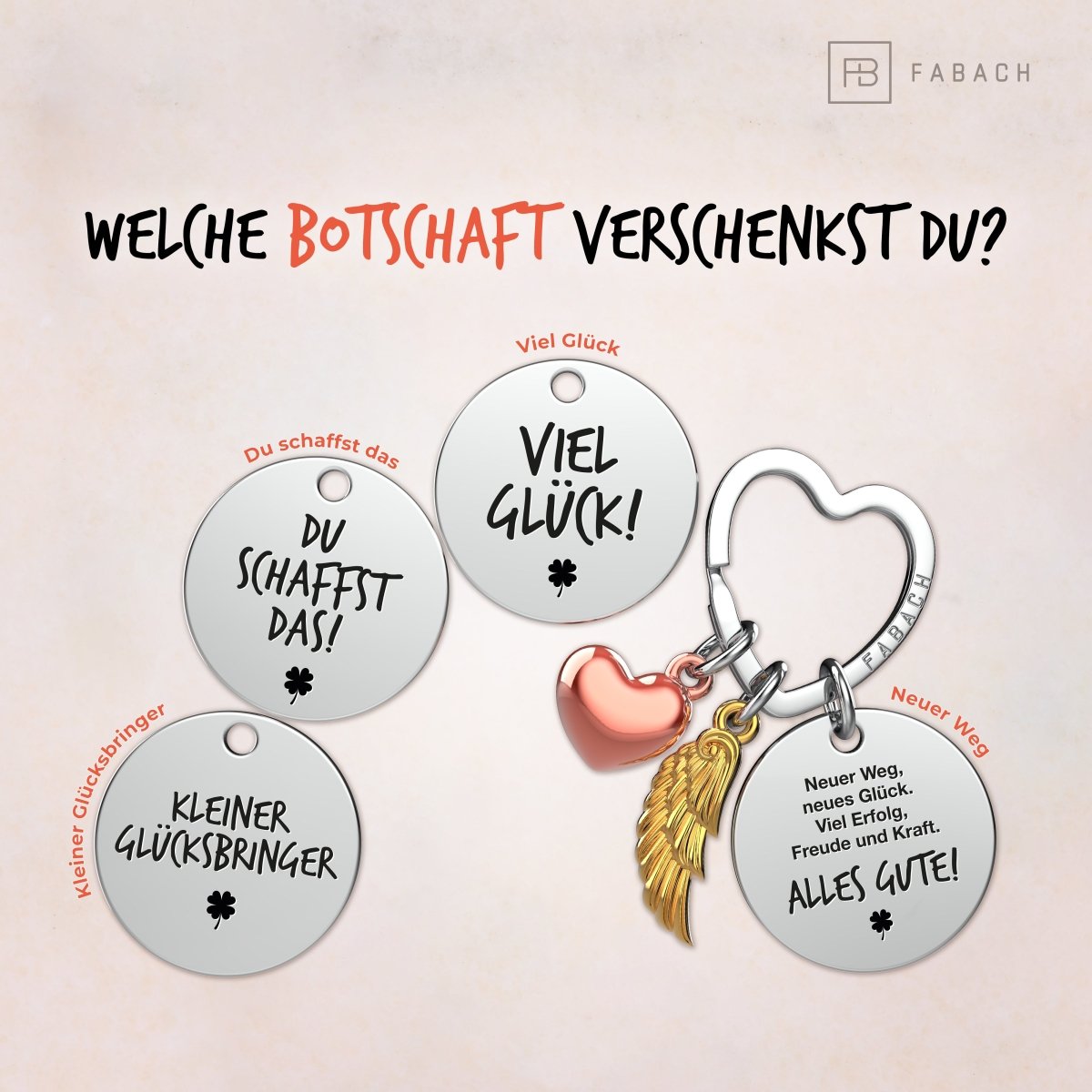 "Viel Glück" Schutzengel Schlüsselanhänger - Engelsflügel Herz Glücksbringer und Gravur Plättchen mit liebevoller Botschaft - FABACH – Die Schlüsselanhänger - Schmiede