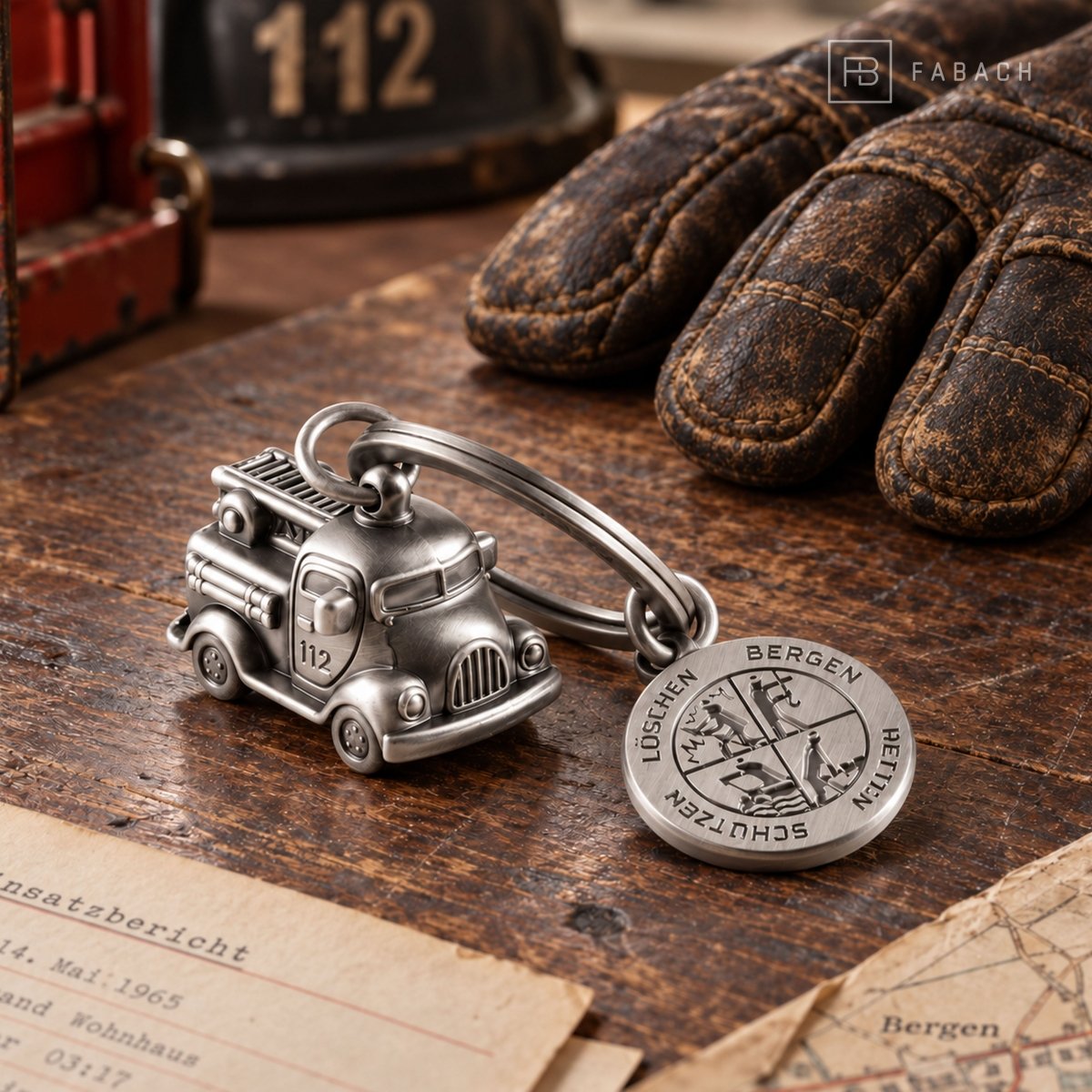 Vintage Feuerwehrauto Schlüsselanhänger mit Plakette - Glücksbringer für Feuerwehrleute - Dankeschön für Feuerwehrmann Feuerwehrfrau - FABACH – Die Schlüsselanhänger-Schmiede