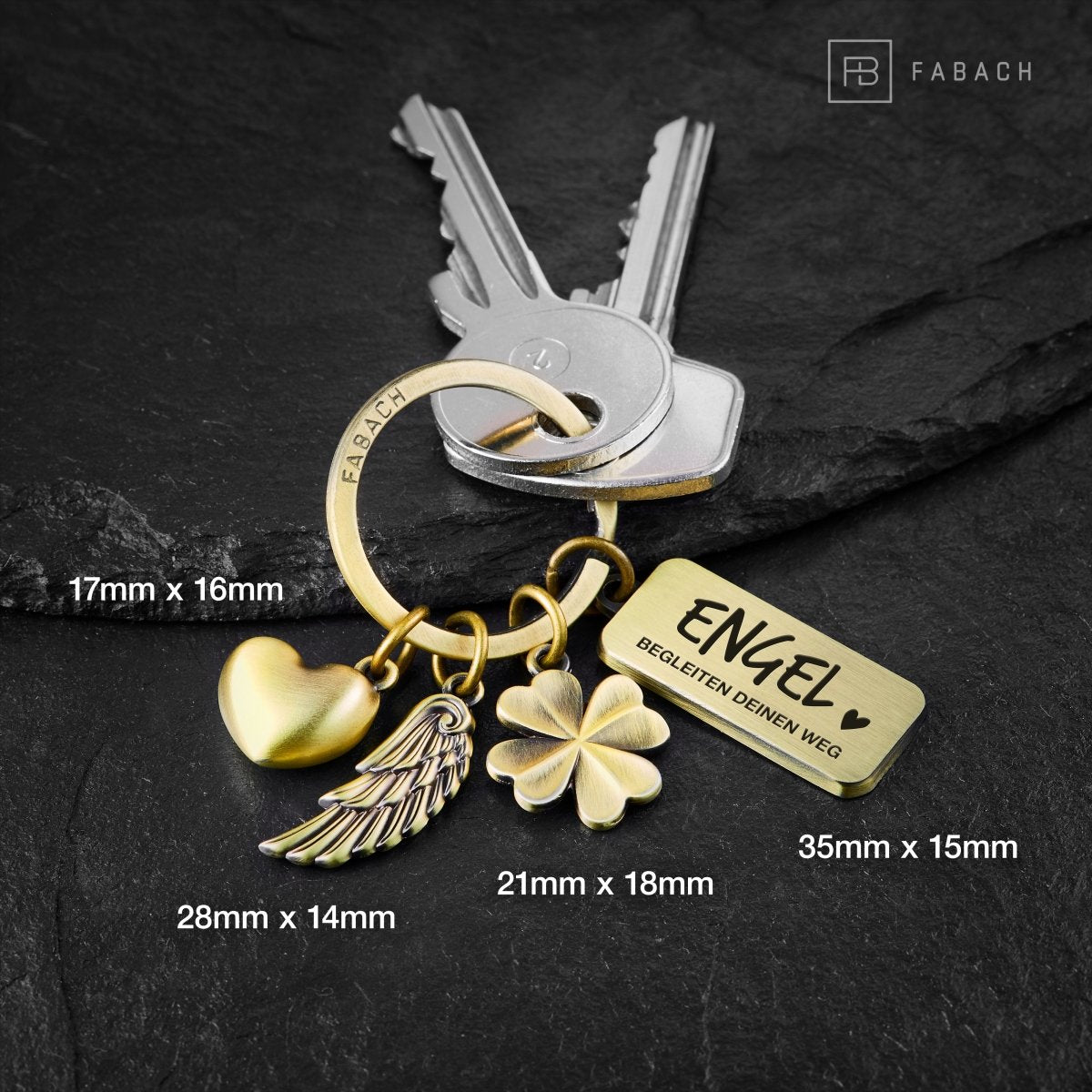"3 Charms" Guardian Angel Keyring - Angel Heart Clover Lucky Charm with Message Engraving "Angels accompany your way"