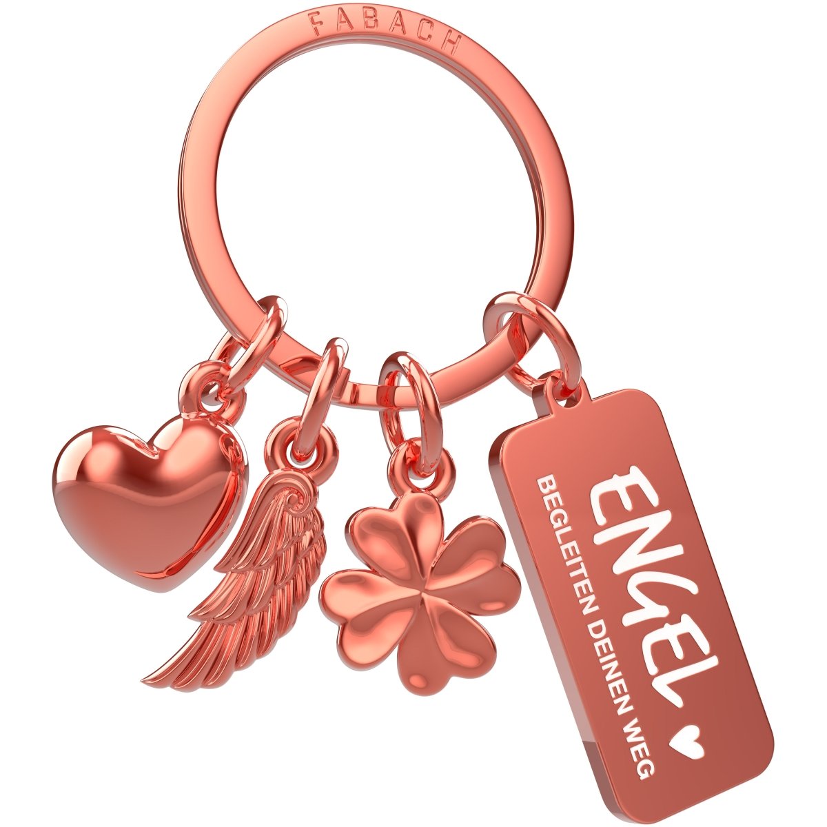 "3 Charms" Schutzengel Schlüsselanhänger - Engel Herz Kleeblatt Glücksbringer mit Botschaft Gravur "Engel begleiten Deinen Weg" - FABACH#farbe_rosegold