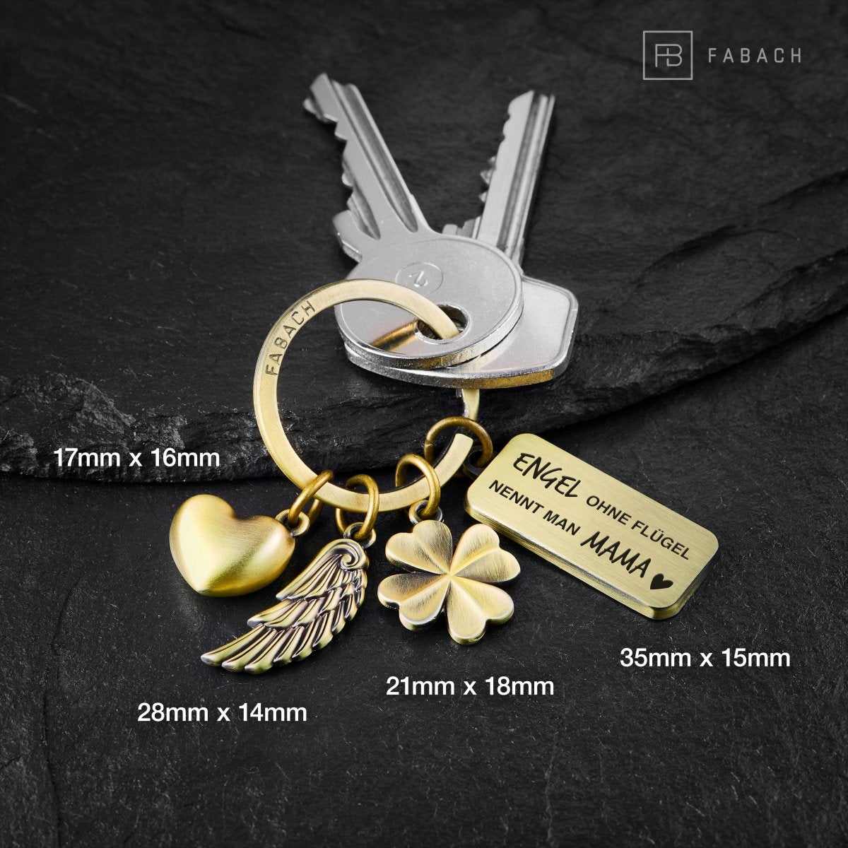 "3 Charms" Guardian Angel Keychain - Angel Heart Clover Lucky Charm with Message Engraving "Angels without wings are called Mama"