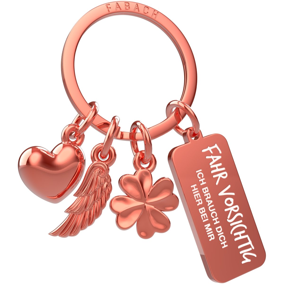 "3 Charms" Schutzengel Schlüsselanhänger - Engel Herz Kleeblatt Glücksbringer mit Botschaft Gravur "Fahr vorsichtig - Ich brauche Dich" - FABACH#farbe_roségold