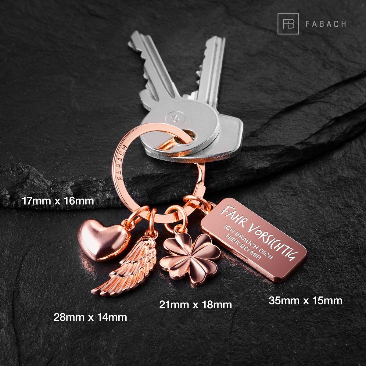 "3 Charms" Schutzengel Schlüsselanhänger - Engel Herz Kleeblatt Glücksbringer mit Botschaft Gravur "Fahr vorsichtig - Ich brauche Dich" - FABACH#farbe_roségold