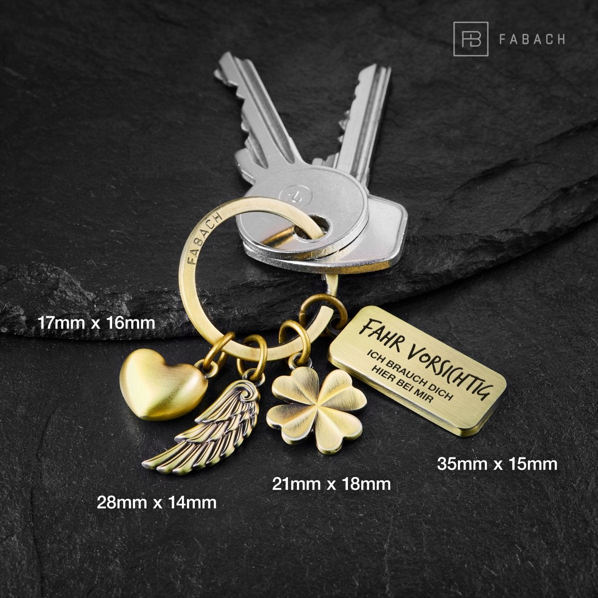 "3 Charms" Schutzengel Schlüsselanhänger - Engel Herz Kleeblatt Glücksbringer mit Botschaft Gravur "Fahr vorsichtig - Ich brauche Dich"