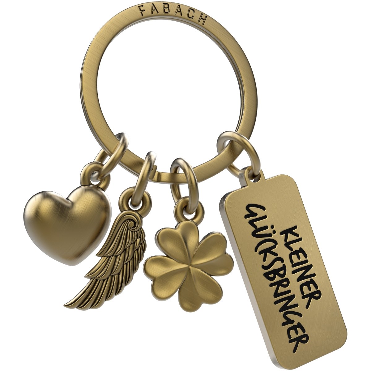"3 Charms" Schutzengel Schlüsselanhänger - Engel Herz Kleeblatt Glücksbringer mit Botschaft Gravur "Kleiner Glücksbringer"