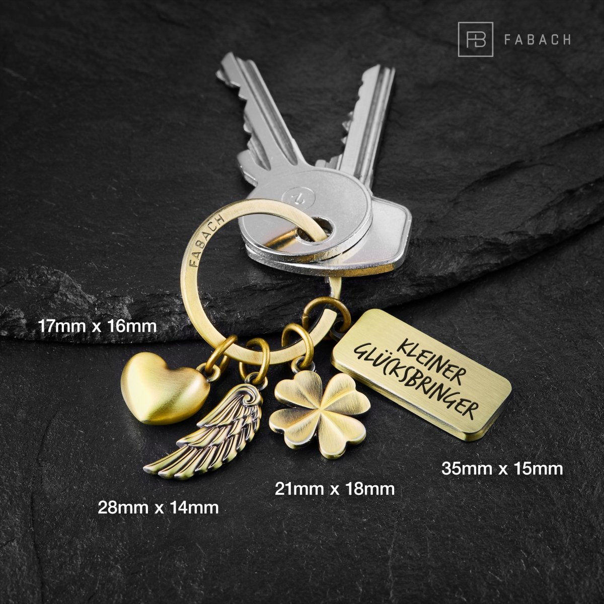 "3 Charms" Schutzengel Schlüsselanhänger - Engel Herz Kleeblatt Glücksbringer mit Botschaft Gravur "Kleiner Glücksbringer"