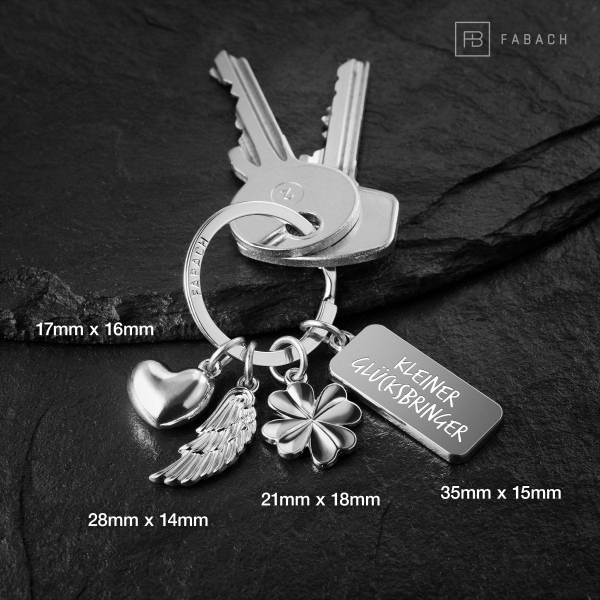 "3 Charms" Schutzengel Schlüsselanhänger - Engel Herz Kleeblatt Glücksbringer mit Botschaft Gravur "Kleiner Glücksbringer"