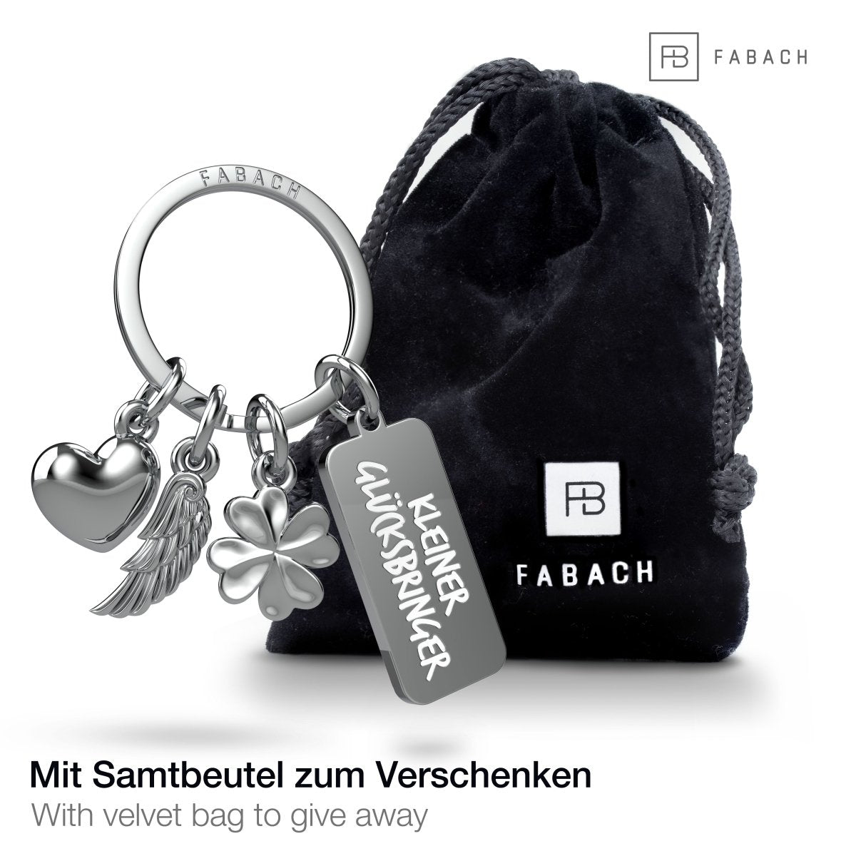 "3 Charms" Schutzengel Schlüsselanhänger - Engel Herz Kleeblatt Glücksbringer mit Botschaft Gravur "Kleiner Glücksbringer" - FABACH #farbe_silber