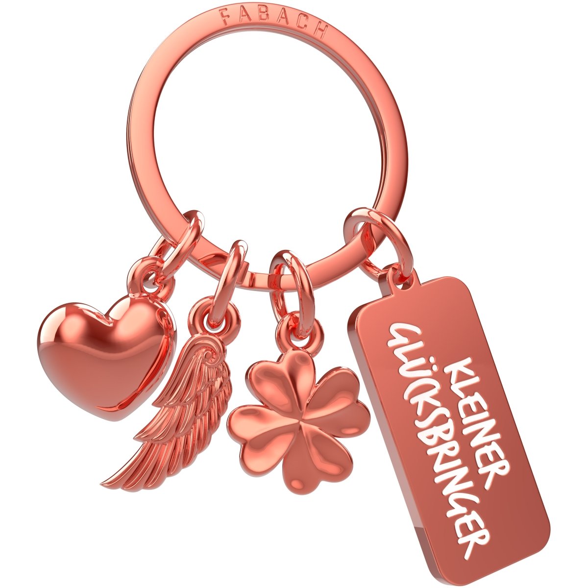 "3 Charms" Schutzengel Schlüsselanhänger - Engel Herz Kleeblatt Glücksbringer mit Botschaft Gravur "Kleiner Glücksbringer" - FABACH #farbe_roségold