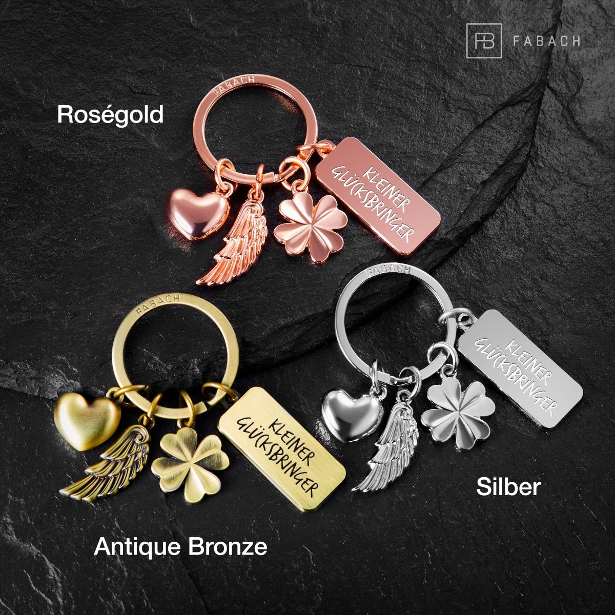 "3 Charms" Schutzengel Schlüsselanhänger - Engel Herz Kleeblatt Glücksbringer mit Botschaft Gravur "Kleiner Glücksbringer" - FABACH
