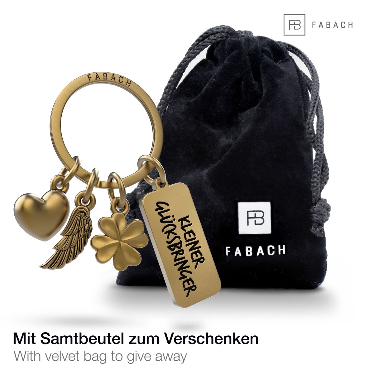 "3 Charms" Schutzengel Schlüsselanhänger - Engel Herz Kleeblatt Glücksbringer mit Botschaft Gravur "Kleiner Glücksbringer"