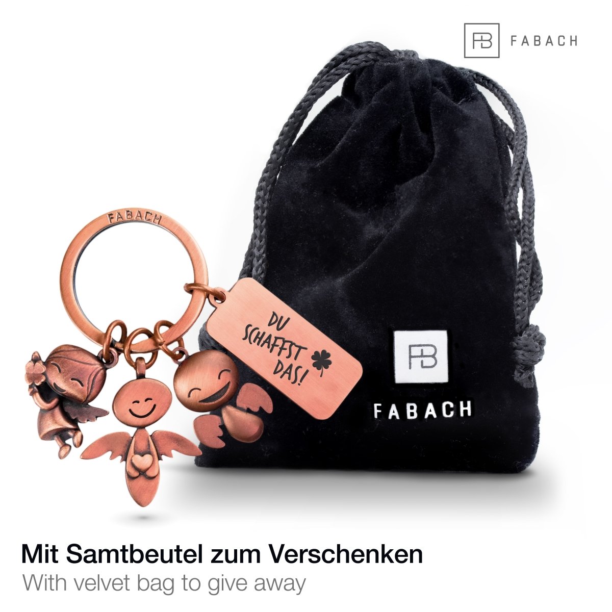 3 Engel" Schutzengel Schlüsselanhänger - Engel Glücksbringer mit Botschaft Gravur "Du schaffst das!" - FABACH#farbe_antique roségold