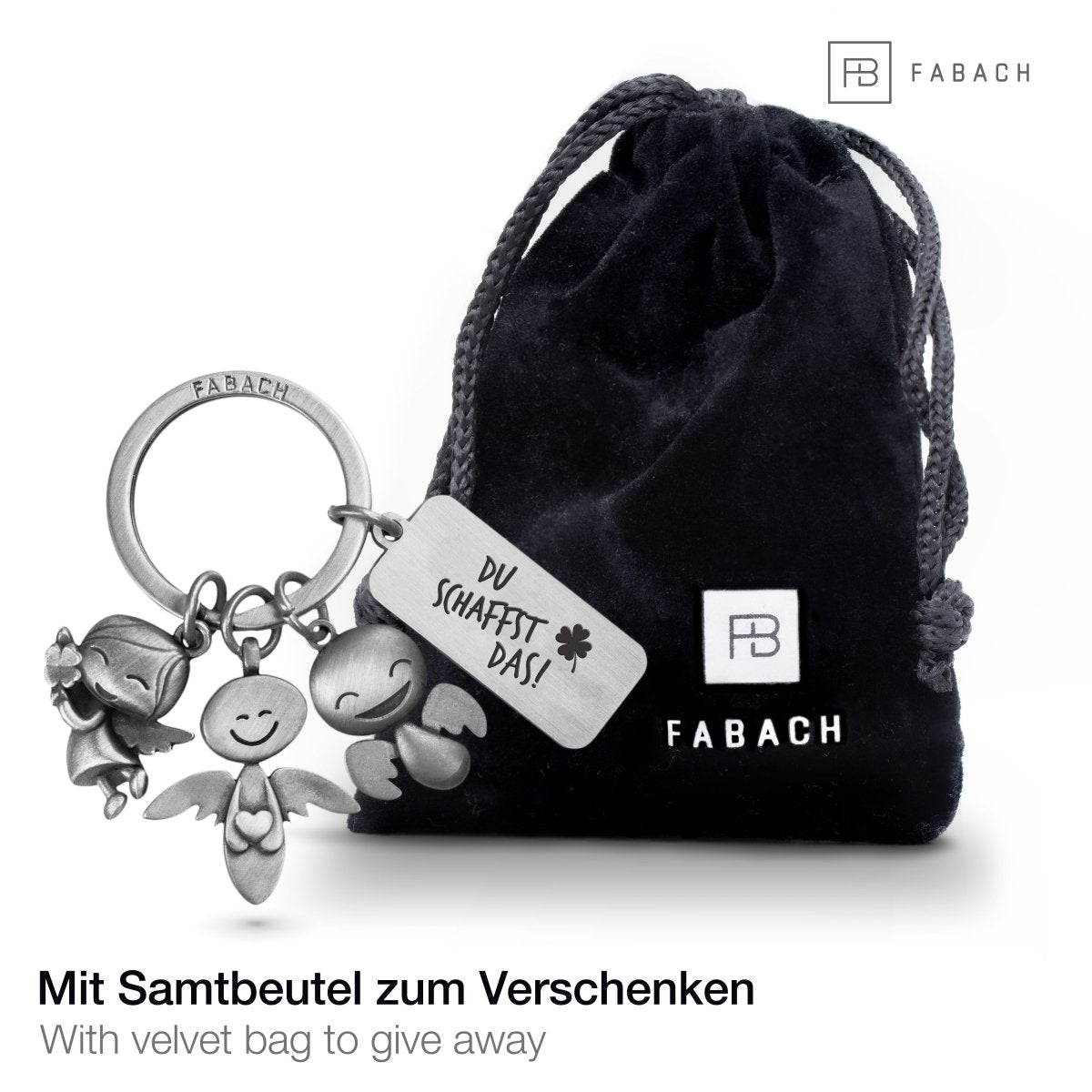3 Engel" Schutzengel Schlüsselanhänger - Engel Glücksbringer mit Botschaft Gravur "Du schaffst das!" - FABACH#farbe_antique silber