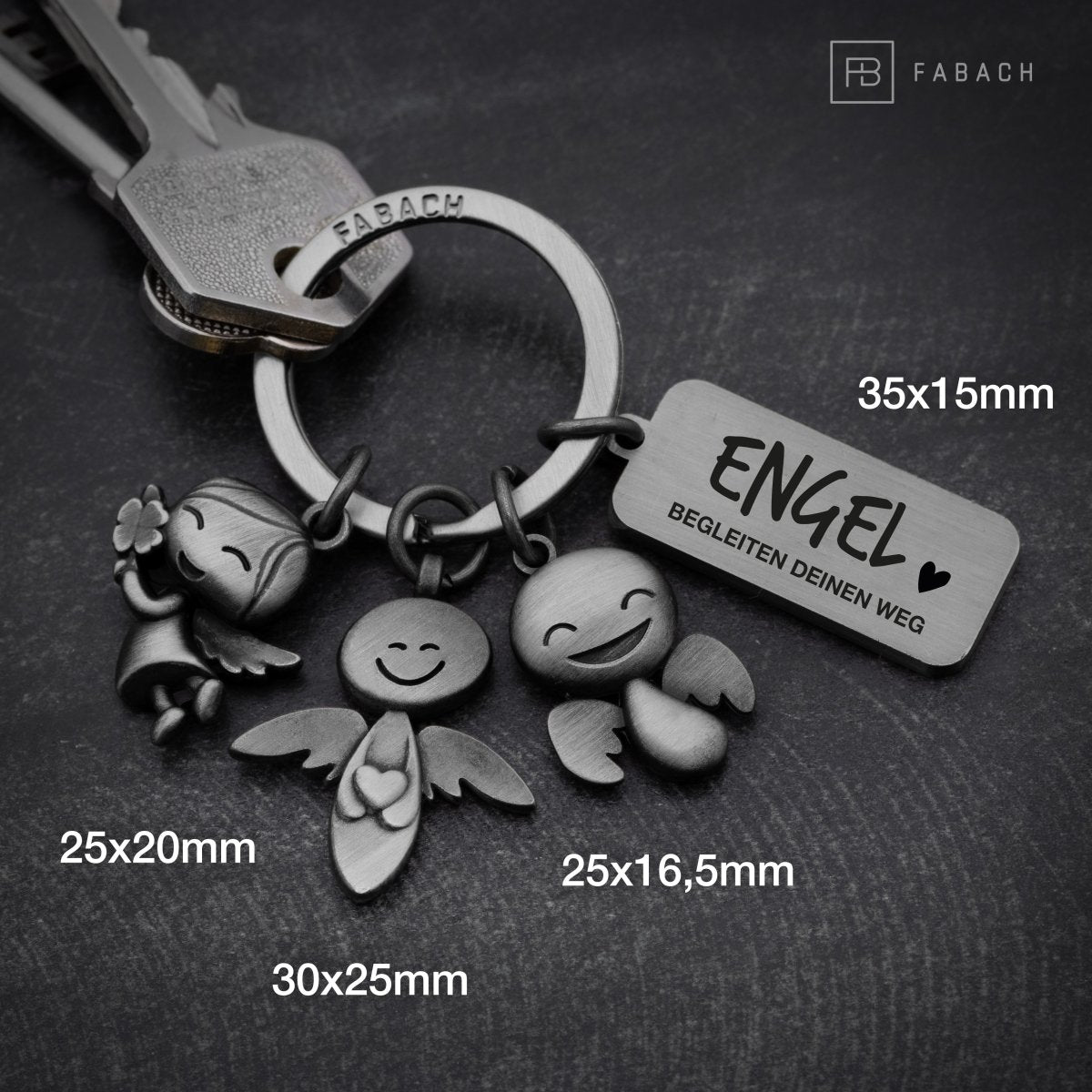 "3 Engel" Schutzengel Schlüsselanhänger - Engel Glücksbringer mit Botschaft Gravur "Engel begleiten deinen Weg" - FABACH#farbe_antique silber#botschaft_engel begleiten deinen weg