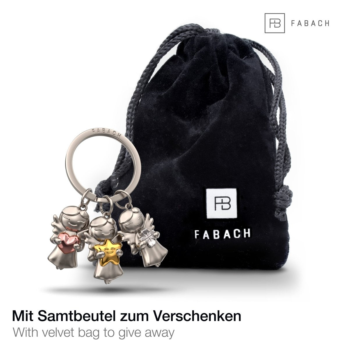 "3 Stars" Schutzengel Schlüsselanhänger - Engel Glücksbringer - Glücksengel mit Kleeblatt, Herz und Stern - FABACH – Die Schlüsselanhänger-Schmiede