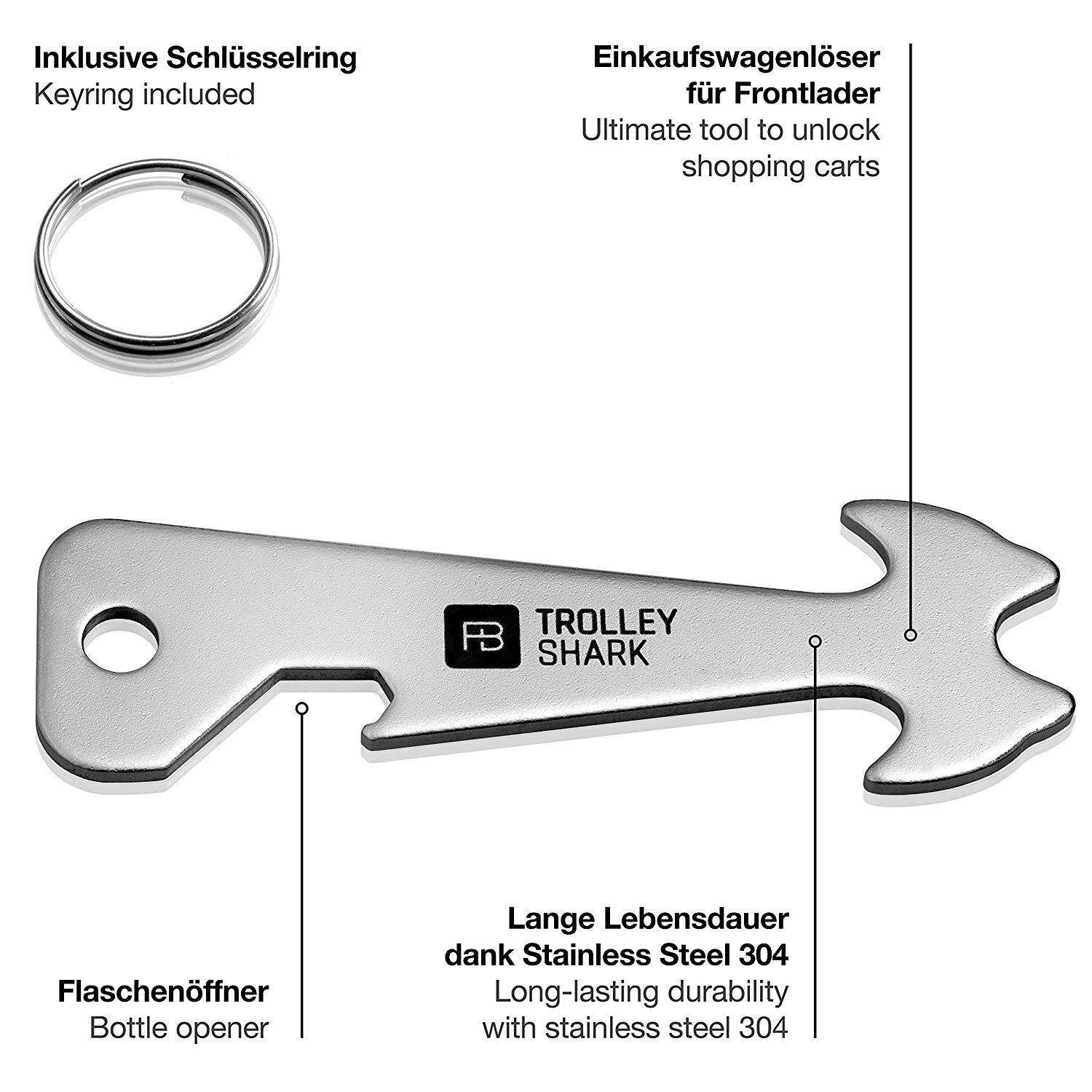 "Trolley Shark" (silber) Einkaufswagenlöser mit Flaschenöffner aus Edelstahl