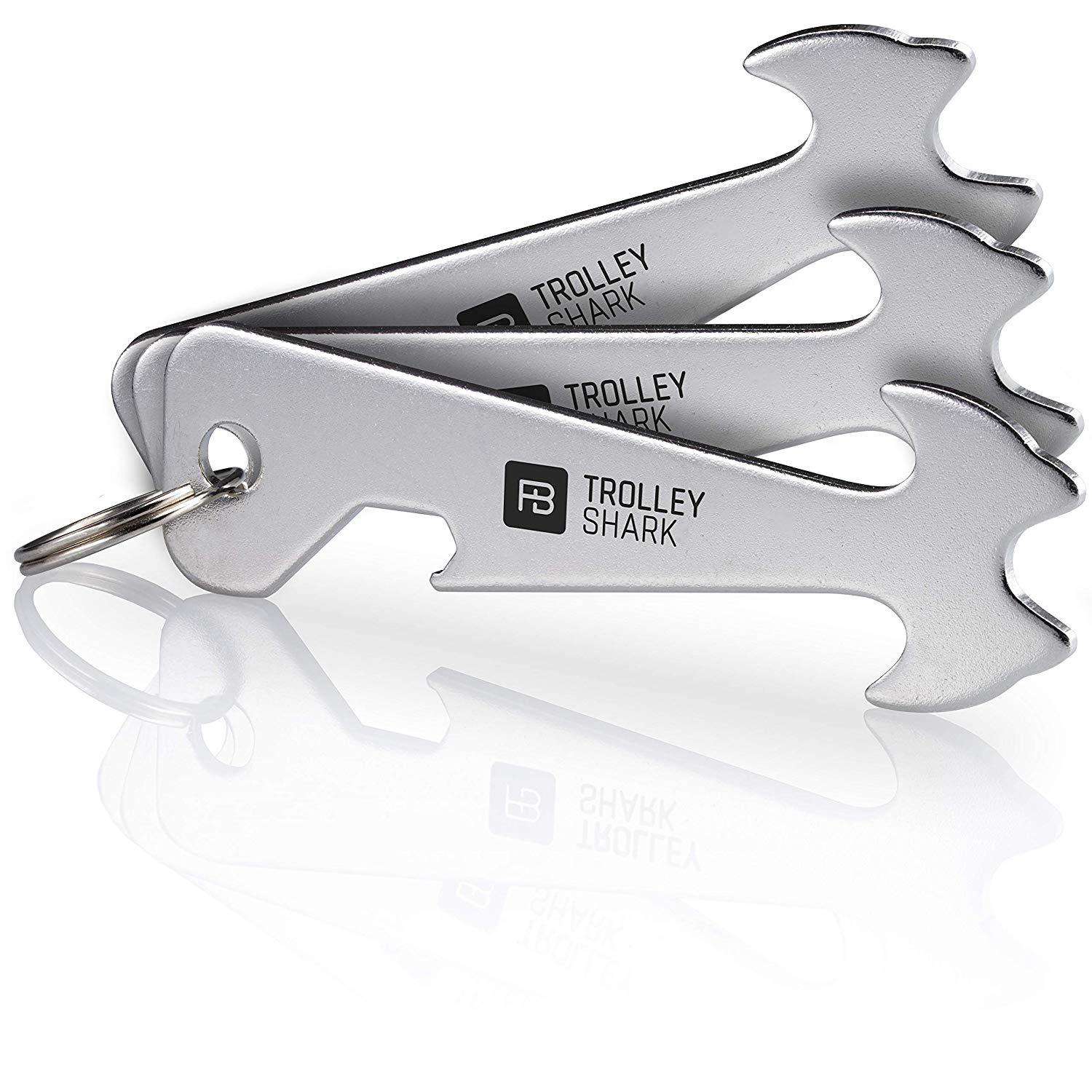 "Trolley Shark" (silver) shopping trolley releaser with stainless steel bottle opener
