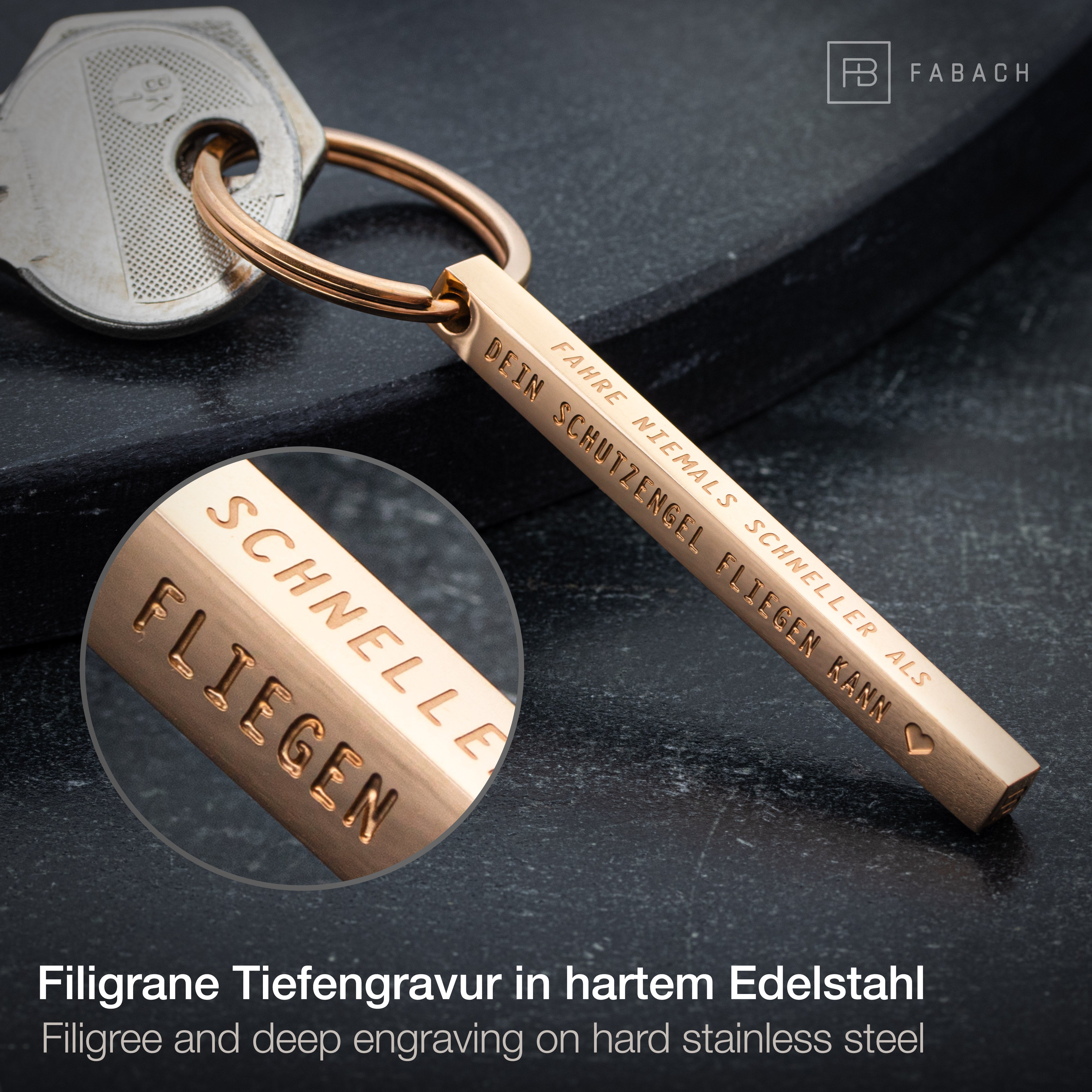 "Cuboid" Quader Schlüsselanhänger aus Edelstahl - Stäbchen Anhänger mit Gravur "Schutzengel"#farbe_roségold