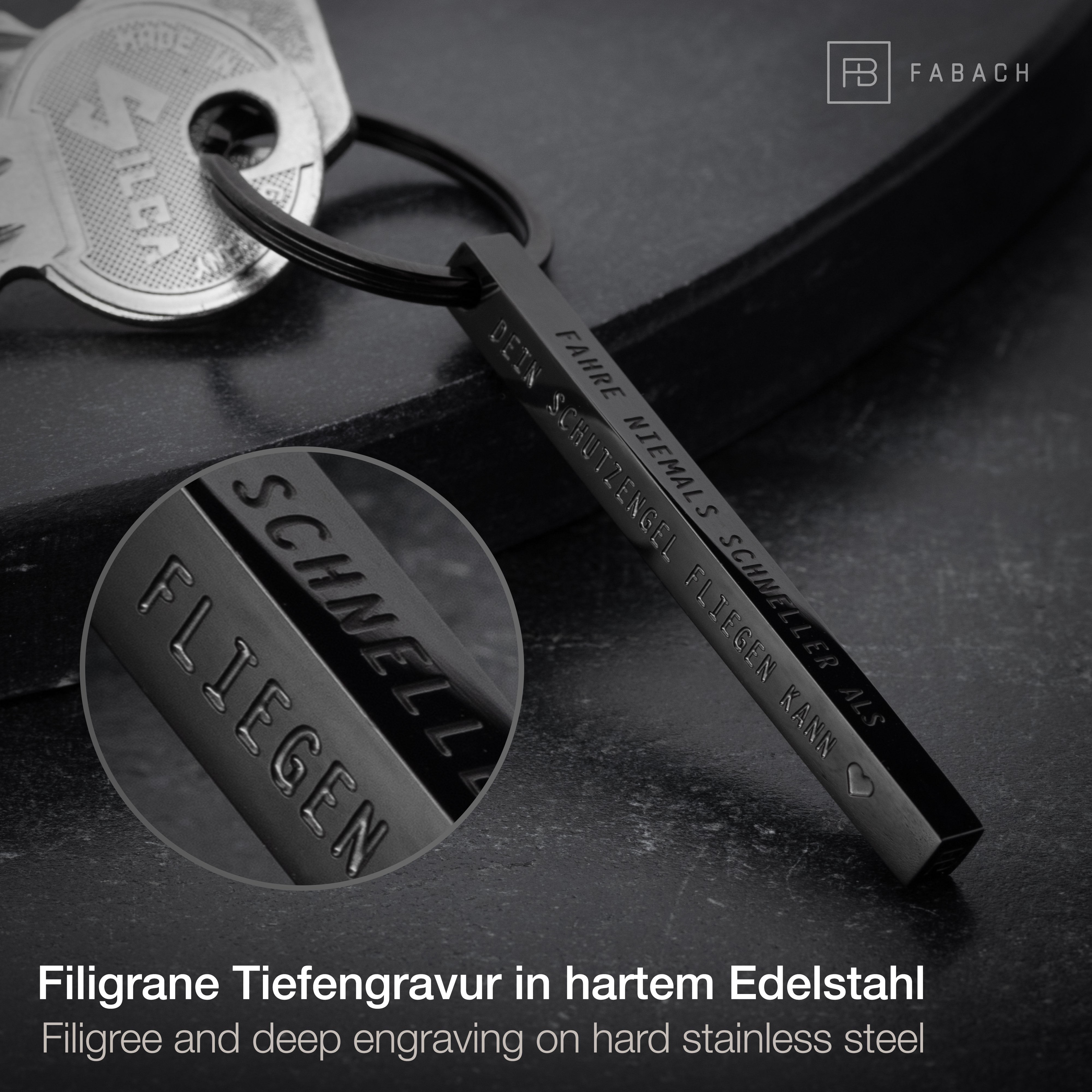 "Cuboid" Quader Schlüsselanhänger aus Edelstahl - Stäbchen Anhänger mit Gravur "Schutzengel"#farbe_schwarz