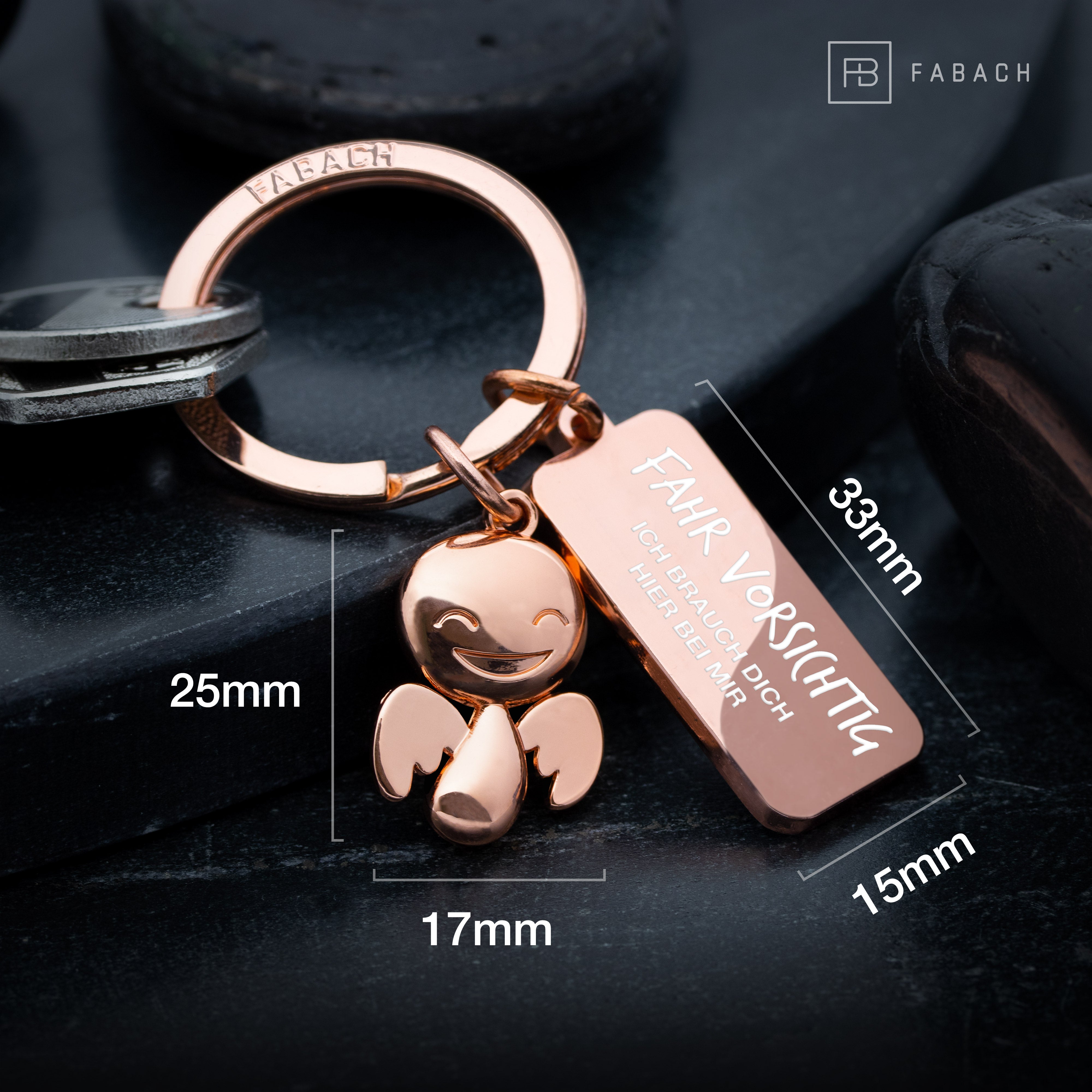 "Happy" Schutzengel Schlüsselanhänger - Glücksbringer mit Botschaft Gravur "Fahr vorsichtig"#farbe_roségold