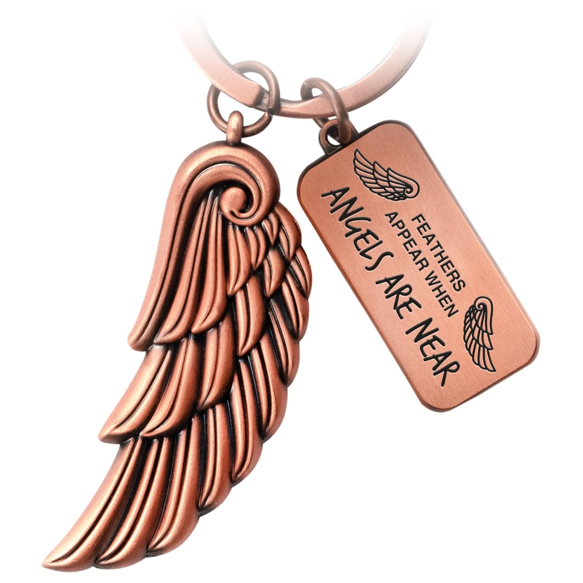 "Angels" Engelsflügel Schlüsselanhänger - Gravur mit Botschaft "Feathers appear when angels are near" -Engel Flügel Glücksbringer - FABACH#farbe_antique roségold