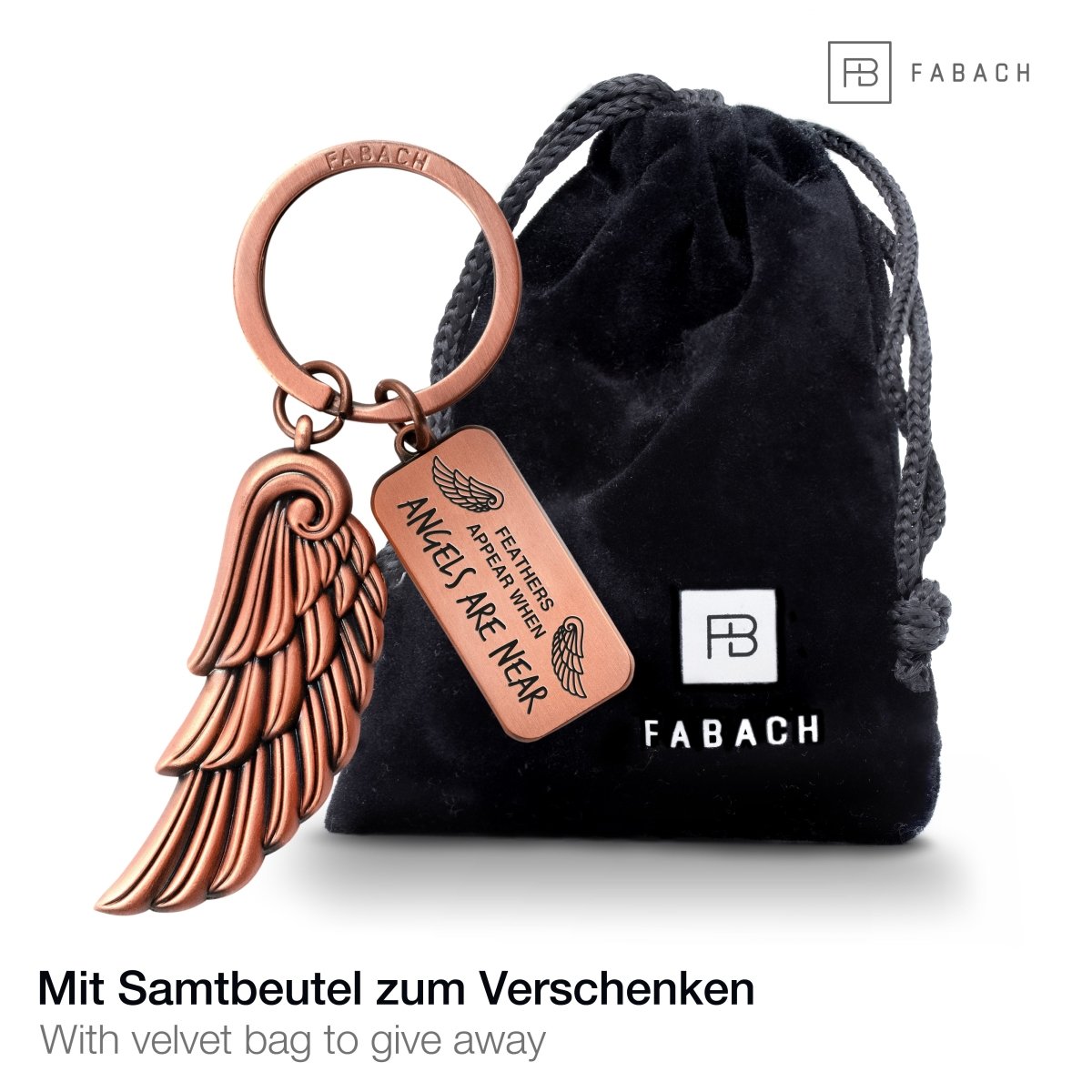 "Angels" Engelsflügel Schlüsselanhänger - Gravur mit Botschaft "Feathers appear when angels are near" -Engel Flügel Glücksbringer - FABACH#farbe_antique roségold