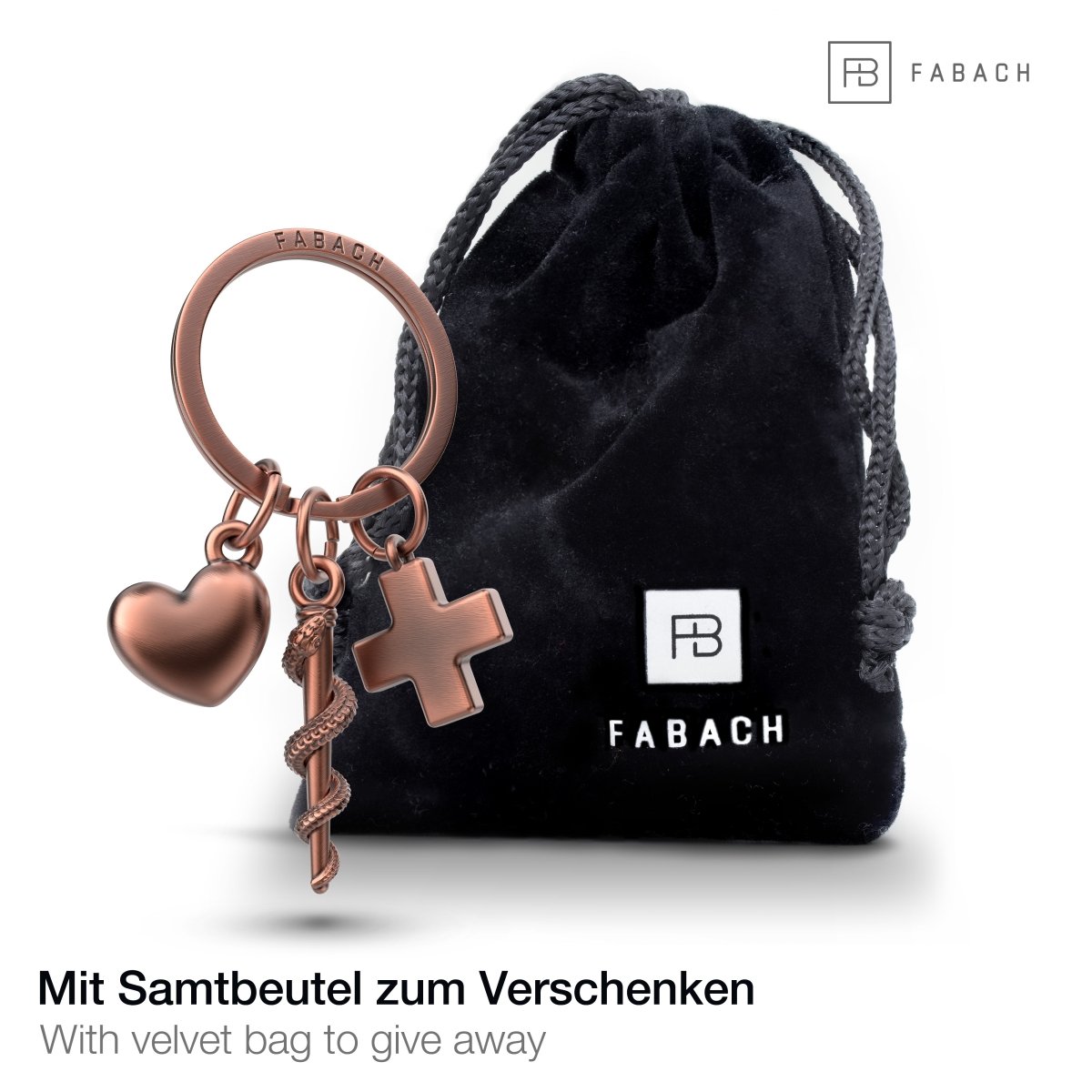 "Asklepiosstab" Schlüsselanhänger mit medizinischem Kreuz und Herz - Äskulapstab als Geschenk für Arzt Pfleger Krankenschwester - FABACH#farbe_antique roségold