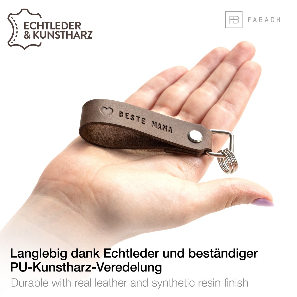 "Beste Mama" Leder-Schlüsselanhänger mit wechselbarem Schlüsselring - FABACH#farbe_braun