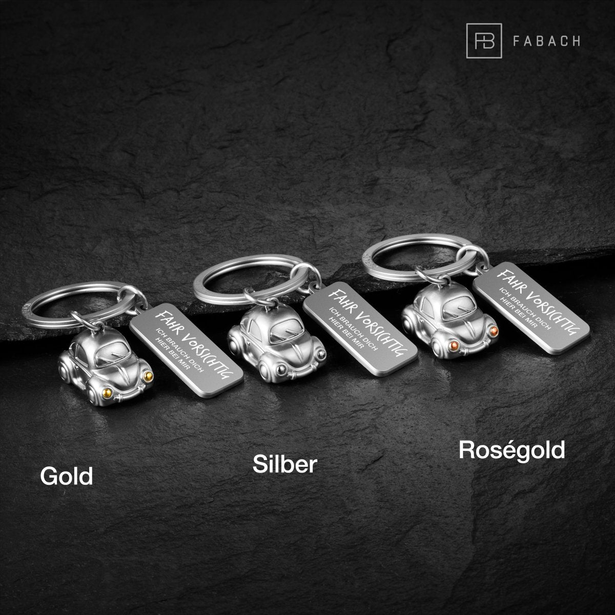 "Car" Miniatur Auto Schlüsselanhänger - Süßer Glücksbringer für Autofahrer - mit Gravur "Fahr vorsichtig" - FABACH