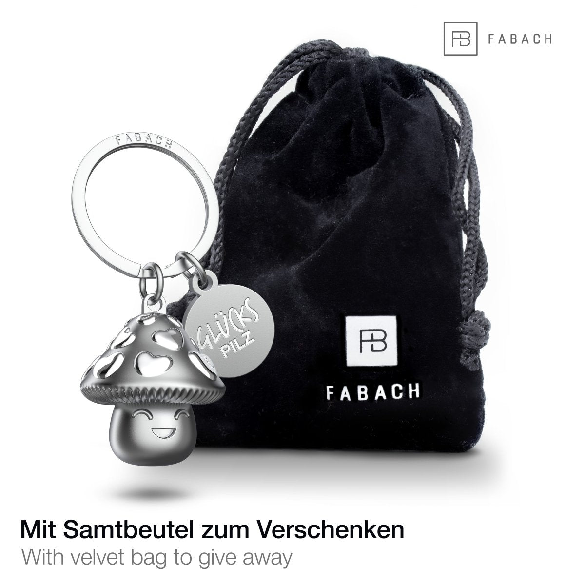 "Champ" Glücksbringer Schlüsselanhänger mit Gravur - Süßer Glückspilz mit Herz - Viel Glück Viel Erfolg - FABACH#Farbe_Silber