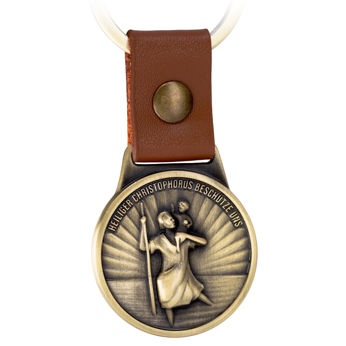 "Christophorus" Schutzpatron der Reisenden Schlüsselanhänger - Heiliger Christopherus Amulett - Gute Reise Plakette am Lederband - FABACH#farbe_antique bronze