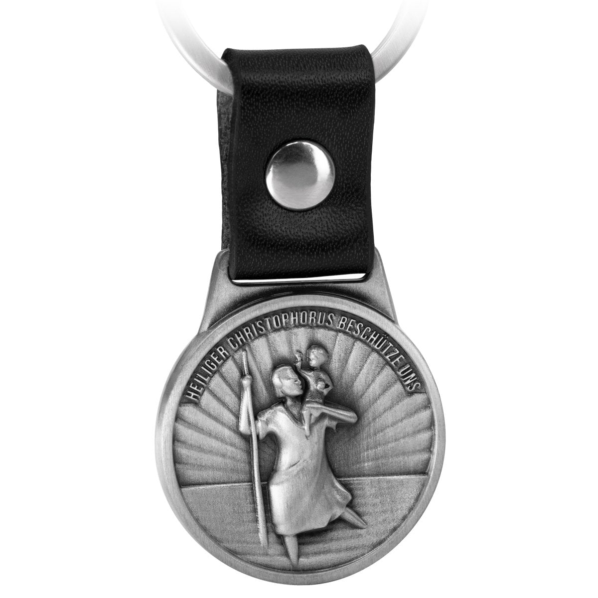 "Christophorus" Schutzpatron der Reisenden Schlüsselanhänger - Heiliger Christopherus Amulett - Gute Reise Plakette am Lederband - FABACH #farbe_antique silber