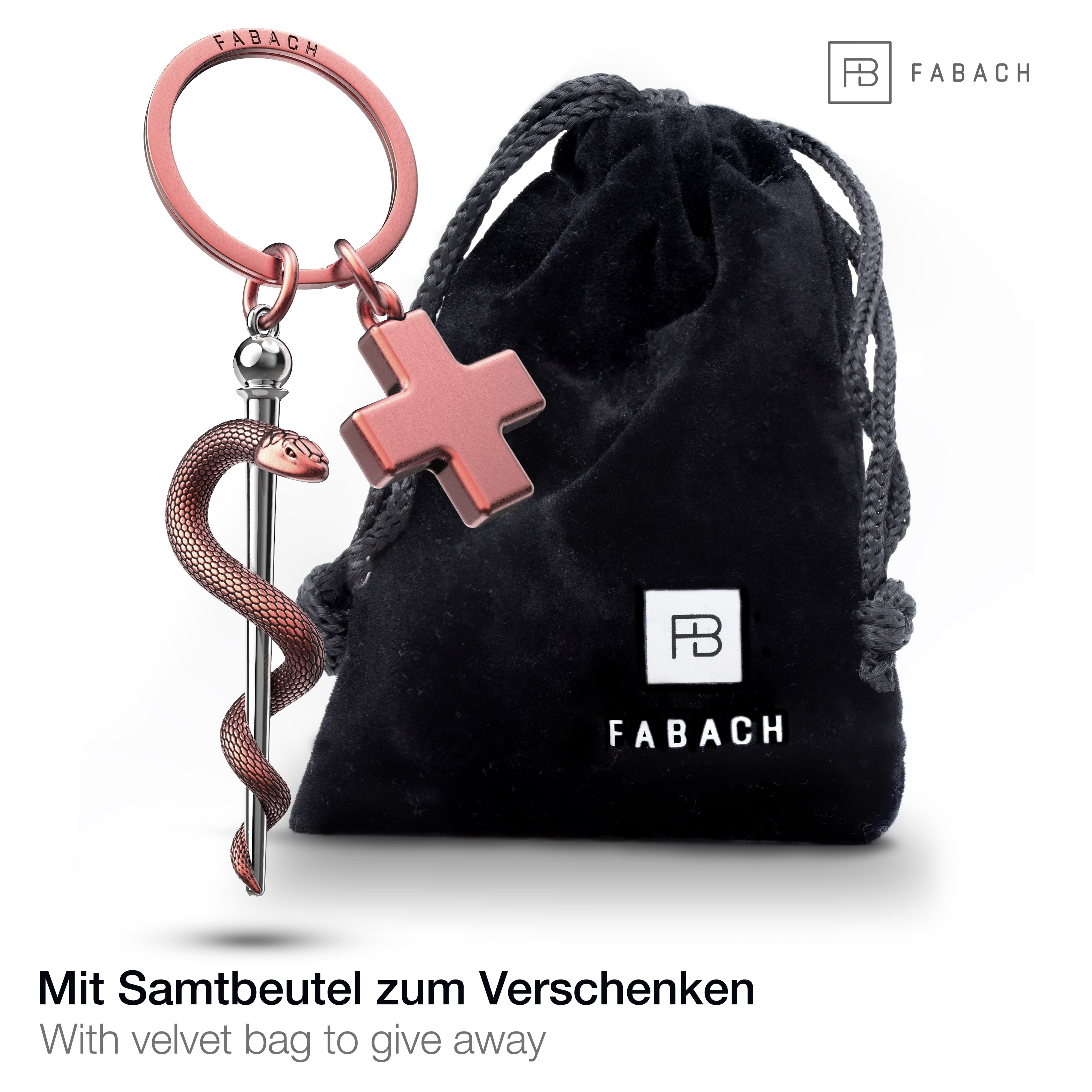 "Asklepiosstab" Schlüsselanhänger mit medizinischem Kreuz - Äskulapstab als Geschenk für Arzt Pfleger Krankenschwester - FABACH#Farbe_Antique Roségold