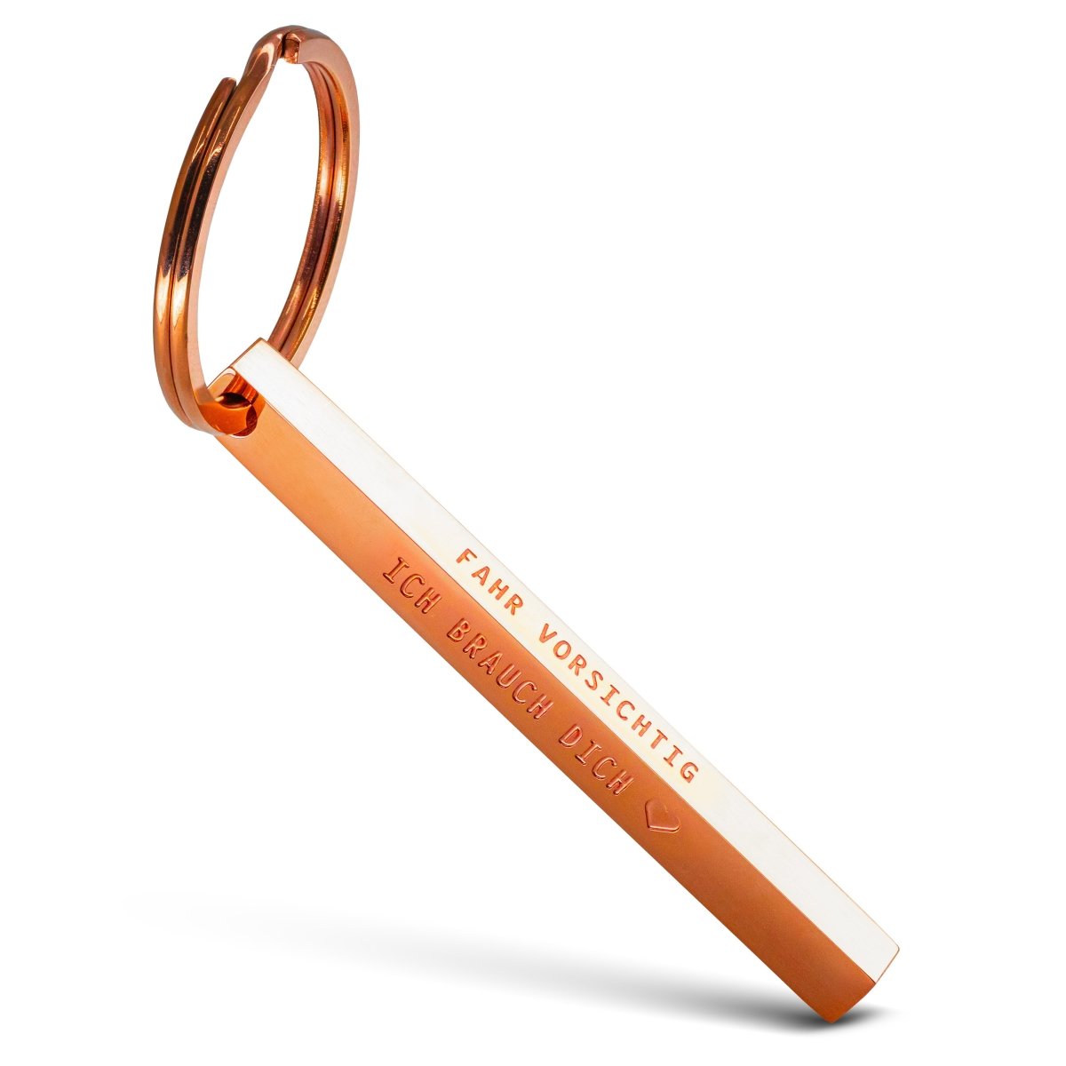 "Cuboid" Quader Schlüsselanhänger aus Edelstahl - Stäbchen Anhänger mit Gravur "Fahr vorsichtig" - FABACH#farbe_roségold