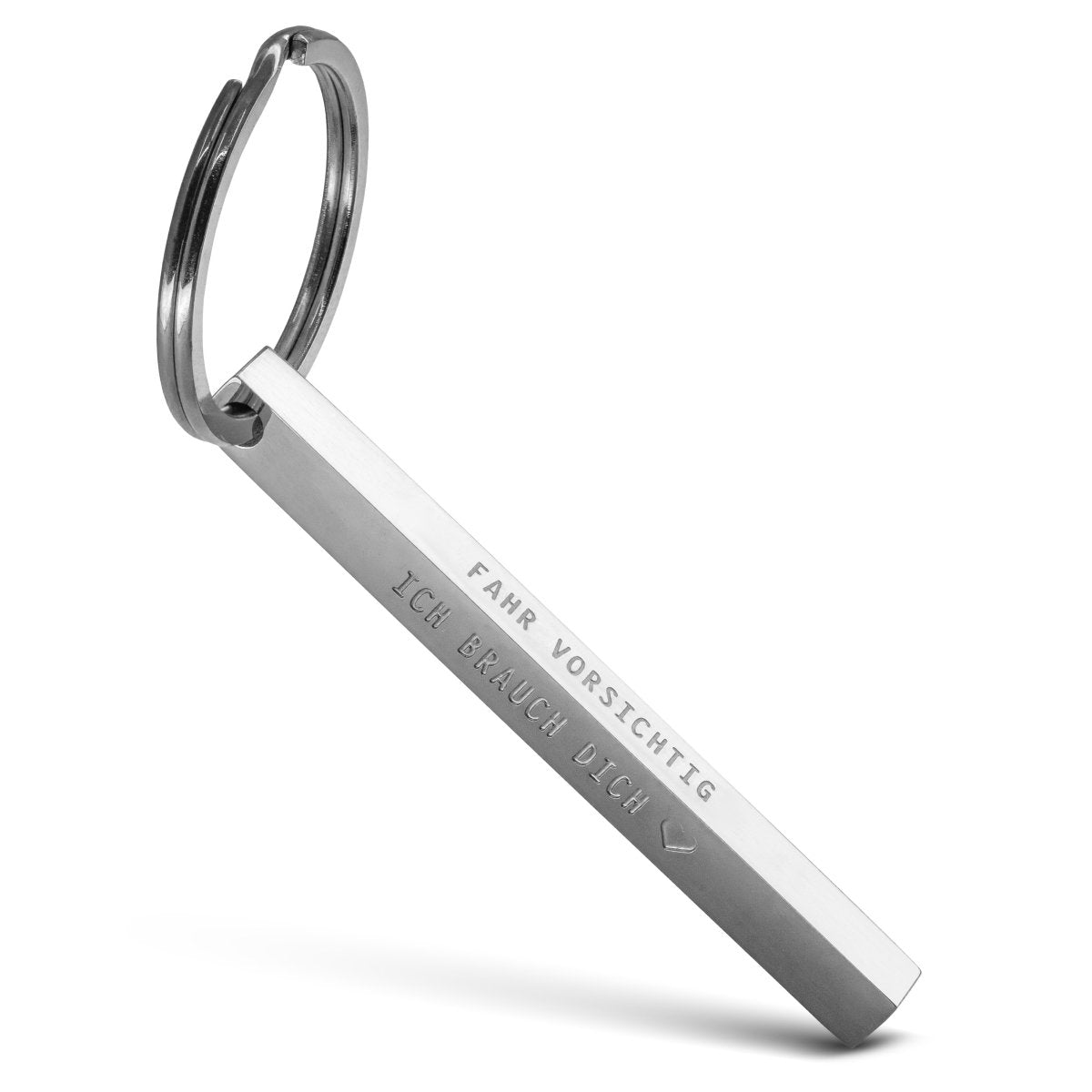 "Cuboid" Quader Schlüsselanhänger aus Edelstahl - Stäbchen Anhänger mit Gravur "Fahr vorsichtig" - FABACH#farbe_silber