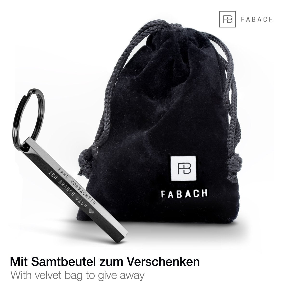 "Cuboid" Quader Schlüsselanhänger aus Edelstahl - Stäbchen Anhänger mit Gravur "Fahr vorsichtig" - FABACH#farbe_schwarz