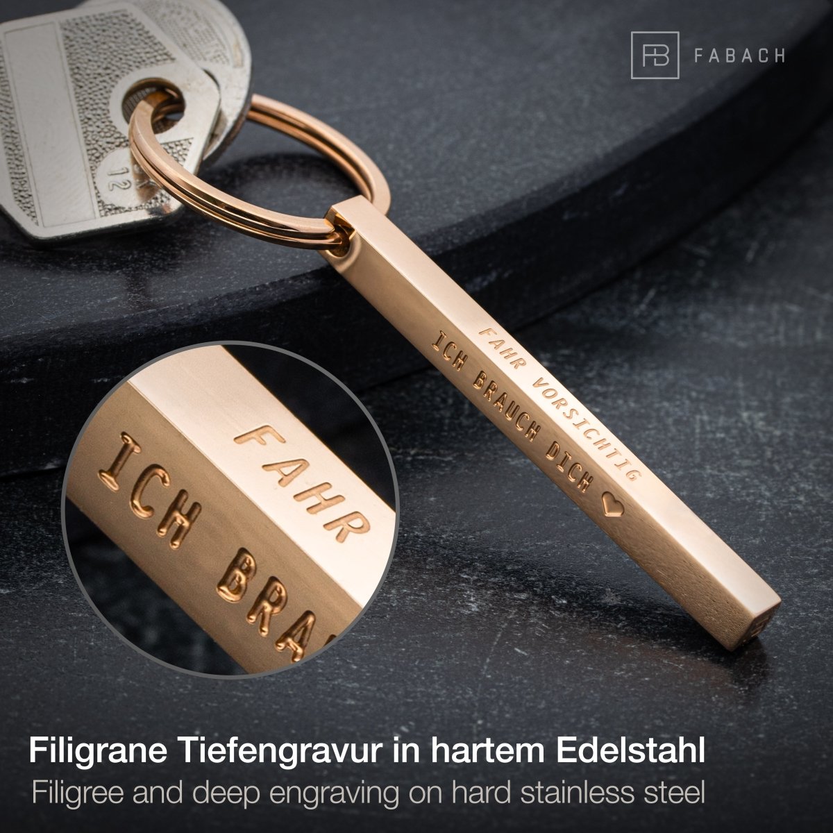"Cuboid" Quader Schlüsselanhänger aus Edelstahl - Stäbchen Anhänger mit Gravur "Fahr vorsichtig" - FABACH#farbe_roségold